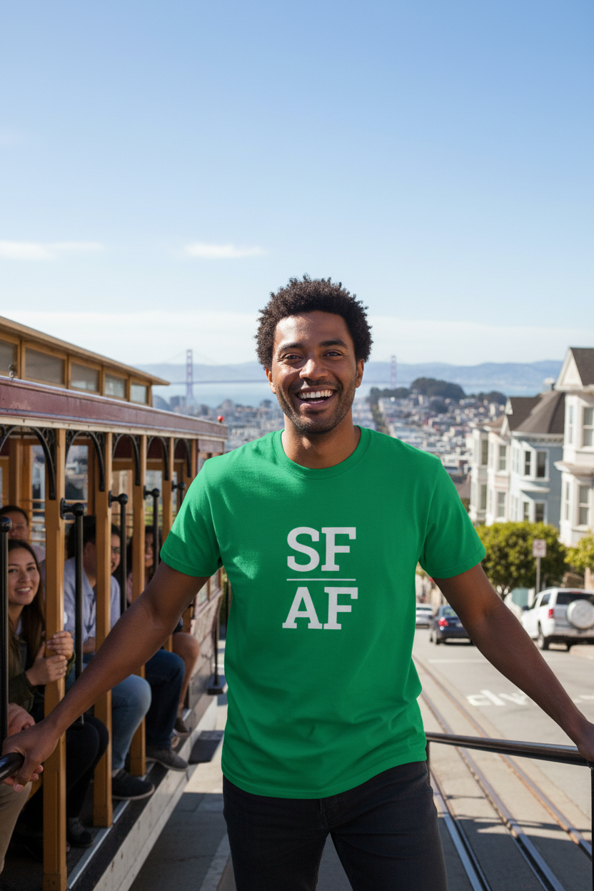 Mixed-race man wearing green SF_AF t-shirt on cable car San Francisco