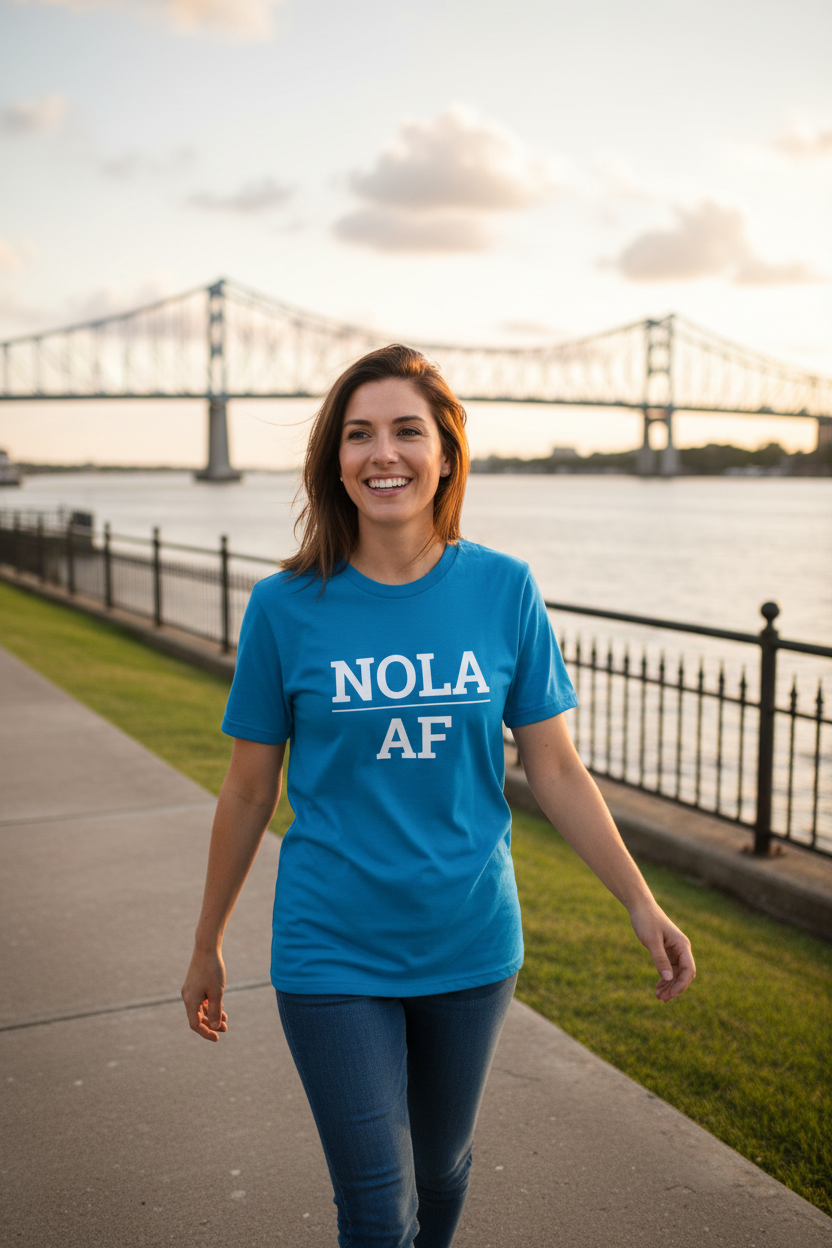 White woman wearing sapphire NOLA_AF t-shirt at Mississippi Riverfront New Orleans