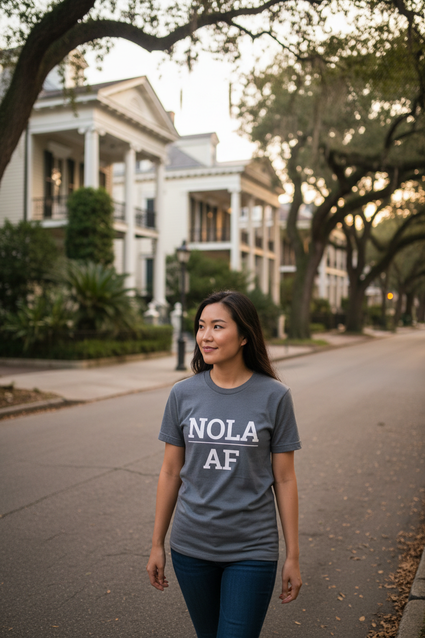 Asian woman wearing charcoal NOLA_AF t-shirt in Garden District New Orleans