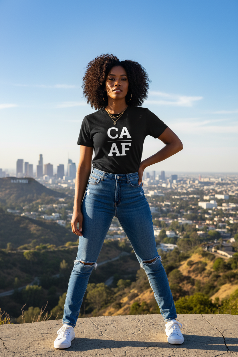 Person wearing black California t-shirt with Hollywood Sign backdrop