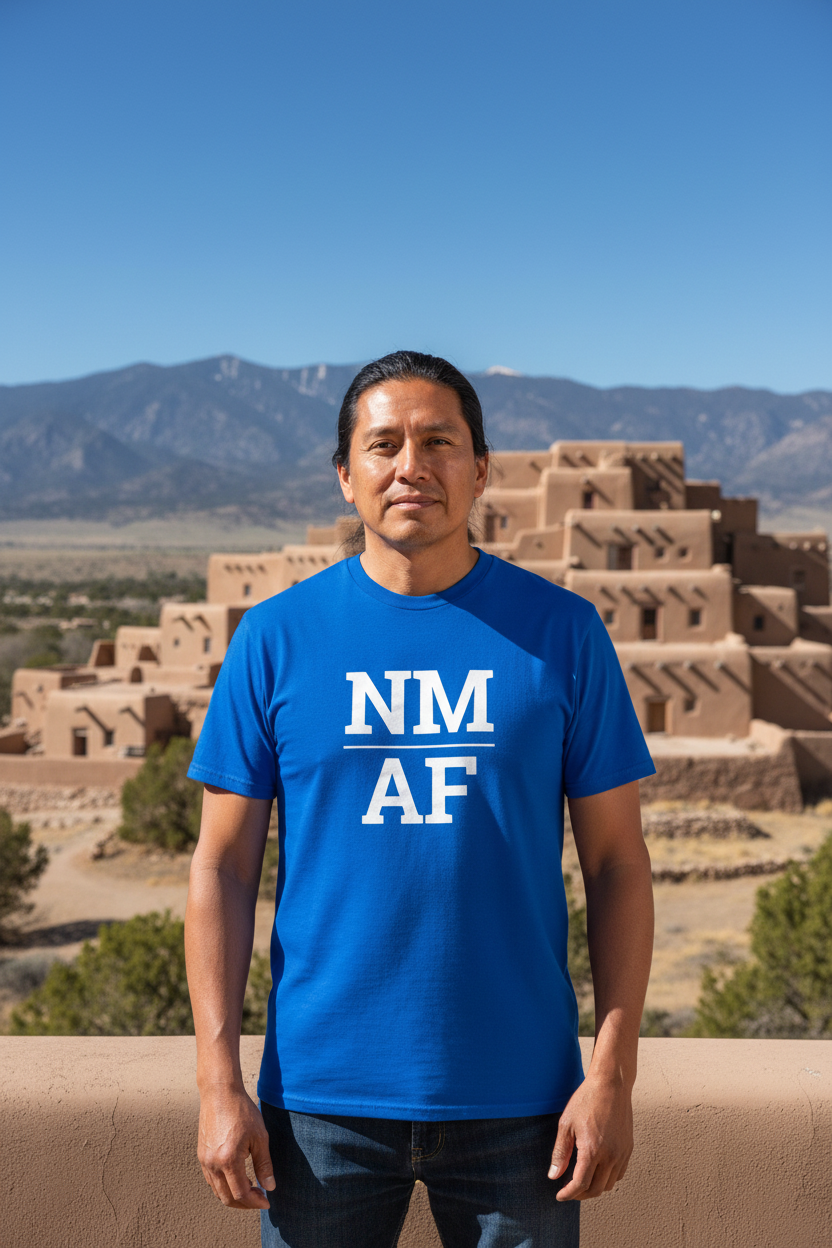 Person wearing blue New Mexico t-shirt at Taos Pueblo