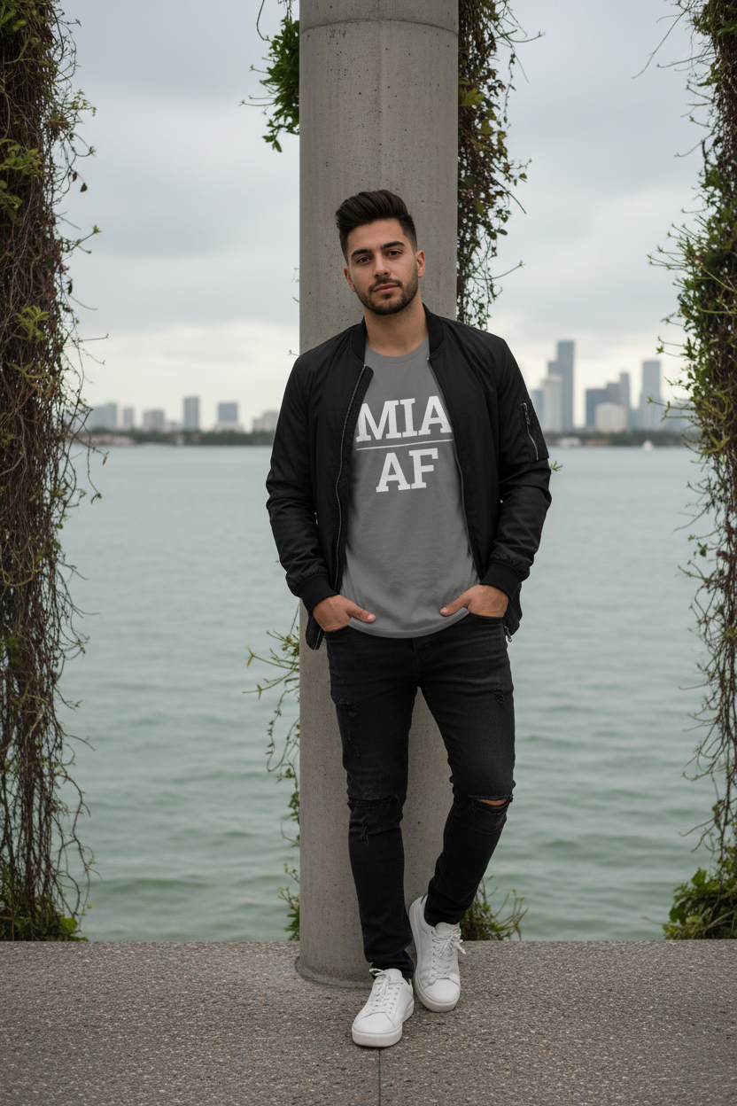 Model wearing MIA_AF charcoal grey tee at Pérez Art Museum in Miami, FL