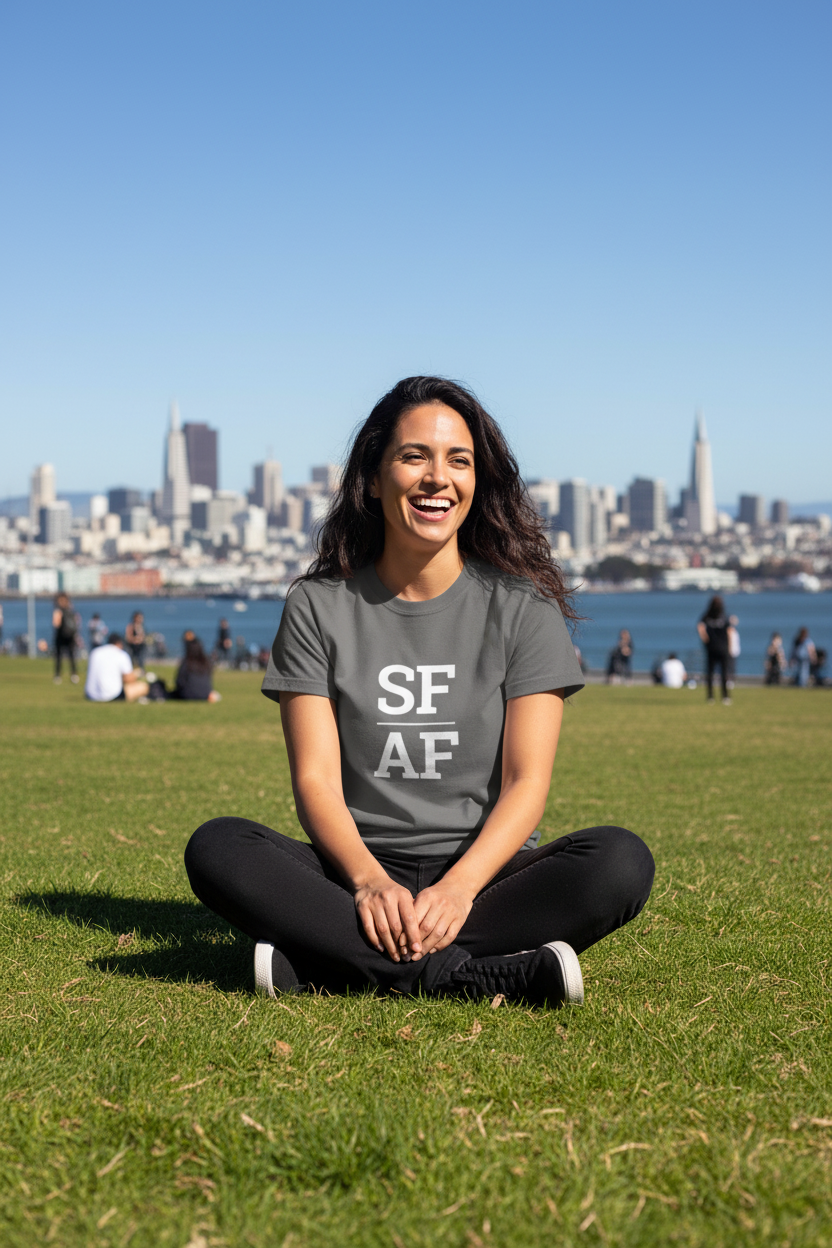 Latina woman wearing charcoal SF_AF t-shirt at Dolores Park San Francisco