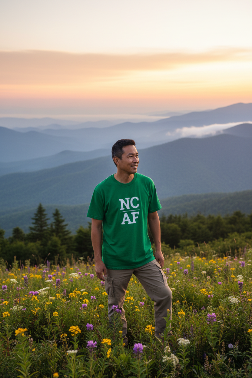 Person wearing green North Carolina t-shirt in the Great Smoky Mountains