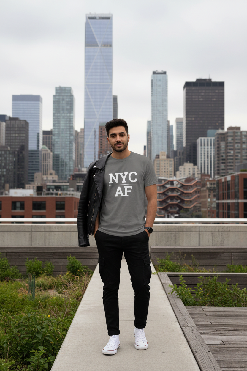 Model wearing NYC_AF charcoal grey tee on The High Line with Hudson Yards skyline, New York City