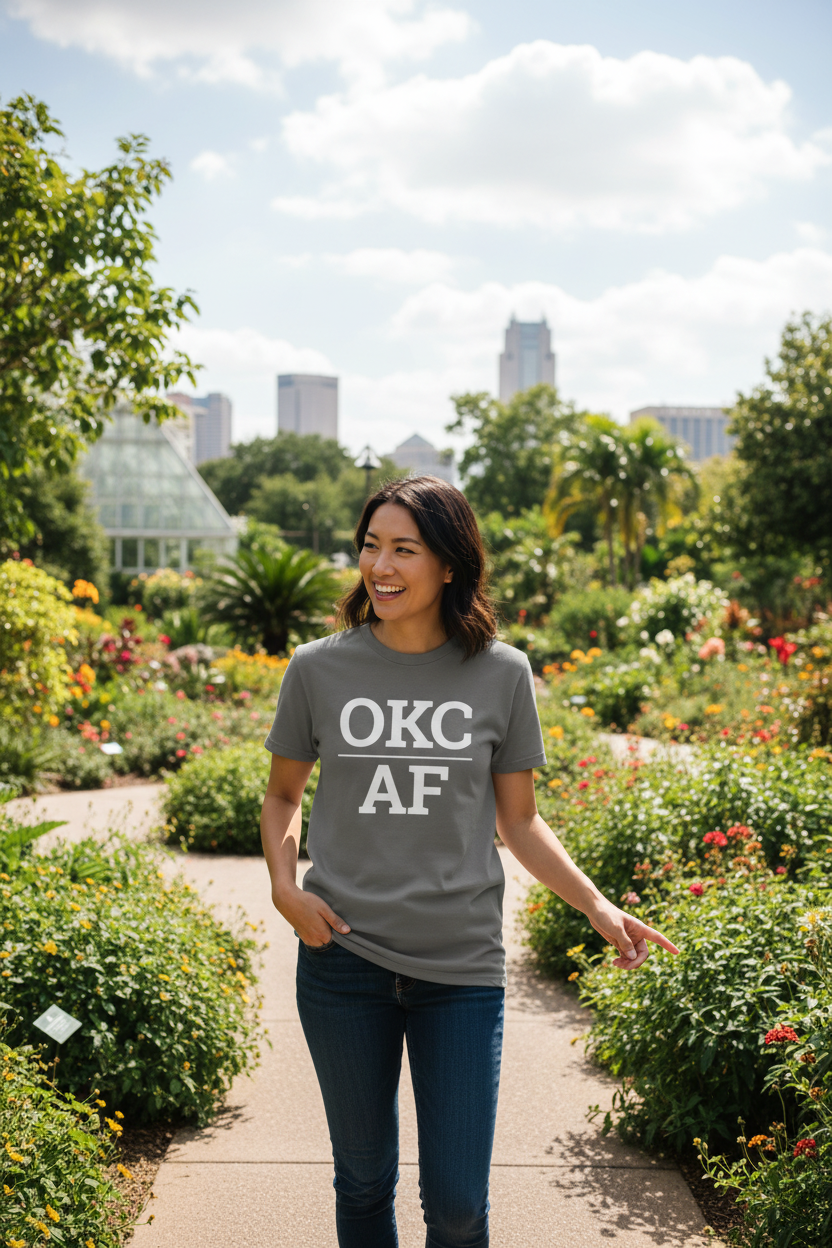 Asian woman wearing charcoal OKC_AF t-shirt at Myriad Botanical Gardens Oklahoma City