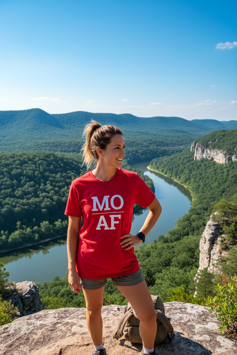 Person wearing red Missouri t-shirt in the Ozark Mountains