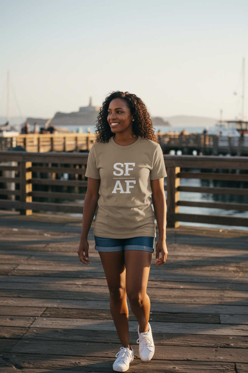Black woman wearing brown SF_AF t-shirt at Fisherman's Wharf San Francisco