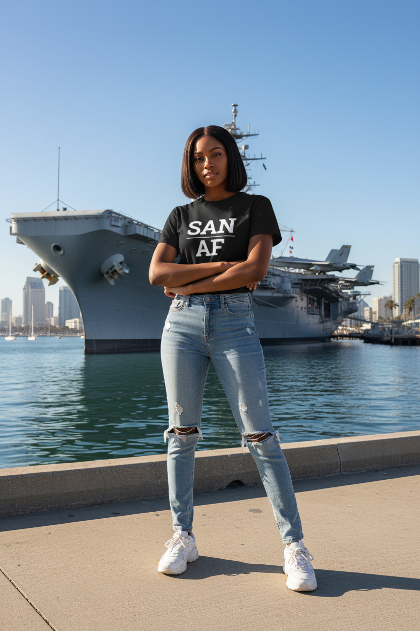 Model wearing SAN_AF black tee at the USS Midway Museum, San Diego, CA