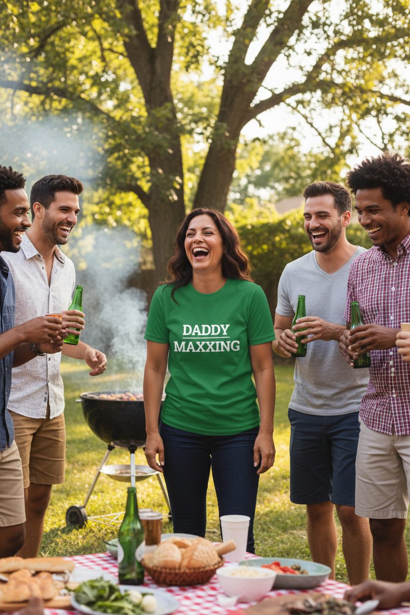 Latina woman wearing green DADDY_MAXXING t-shirt surrounded by men at cookout