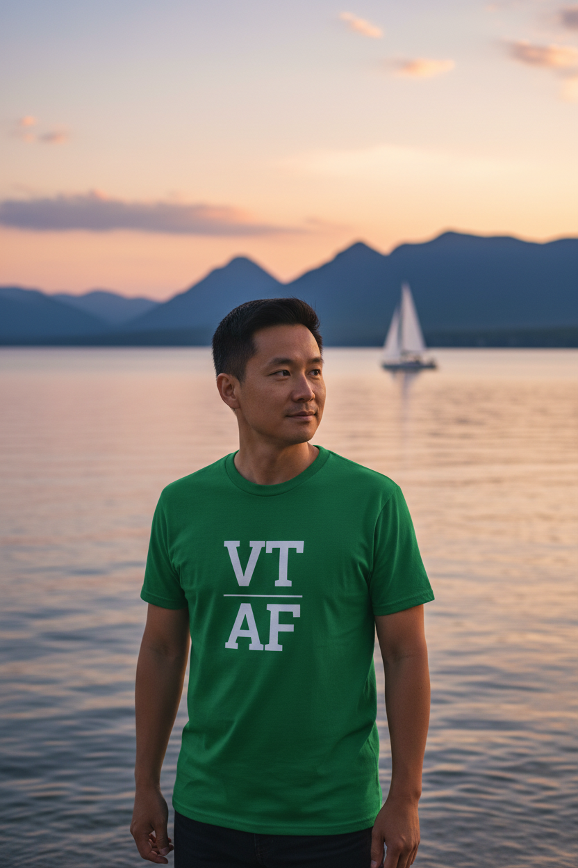 Person wearing green Vermont t-shirt at Lake Champlain