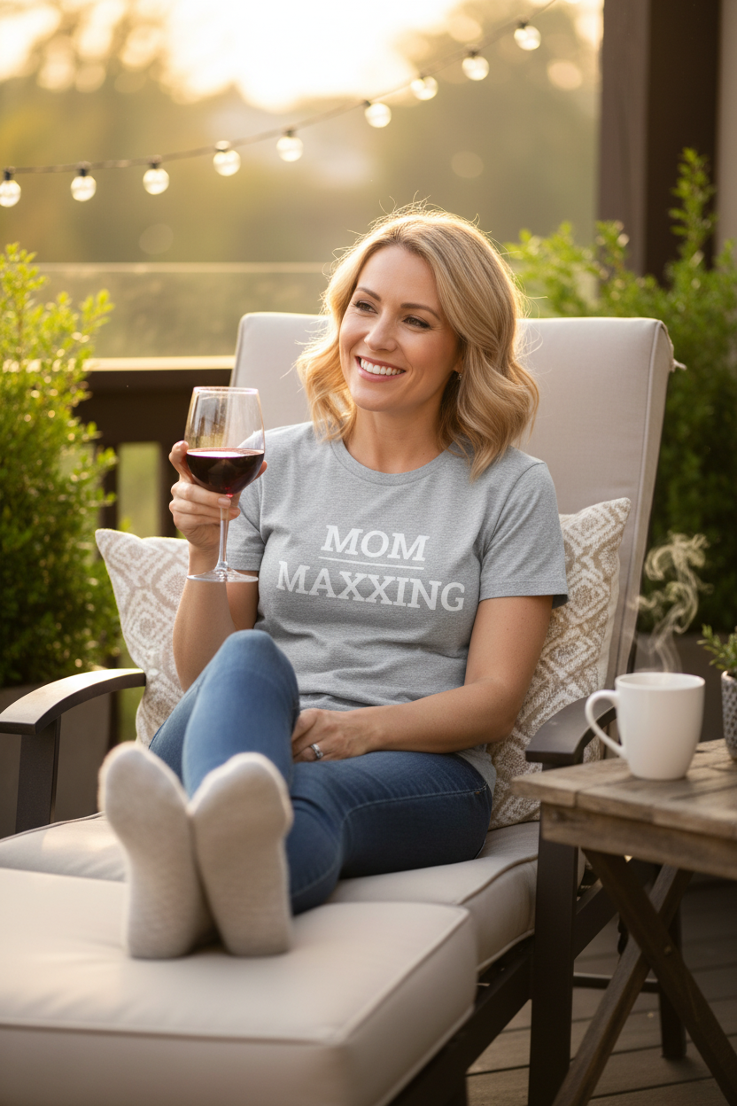 Woman wearing grey MOM_MAXXING t-shirt relaxing on patio