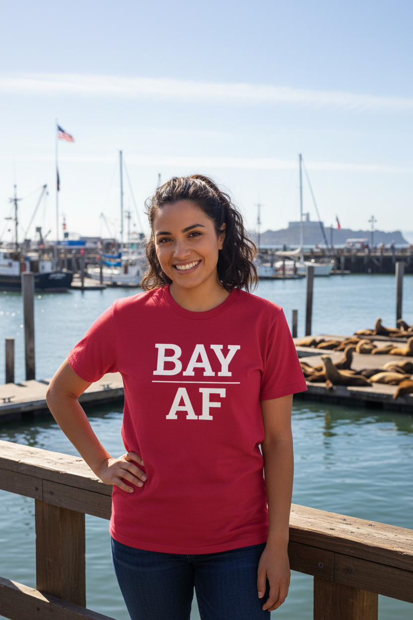 BAY_AF cardinal red shirt at Fisherman's Wharf, San Francisco CA