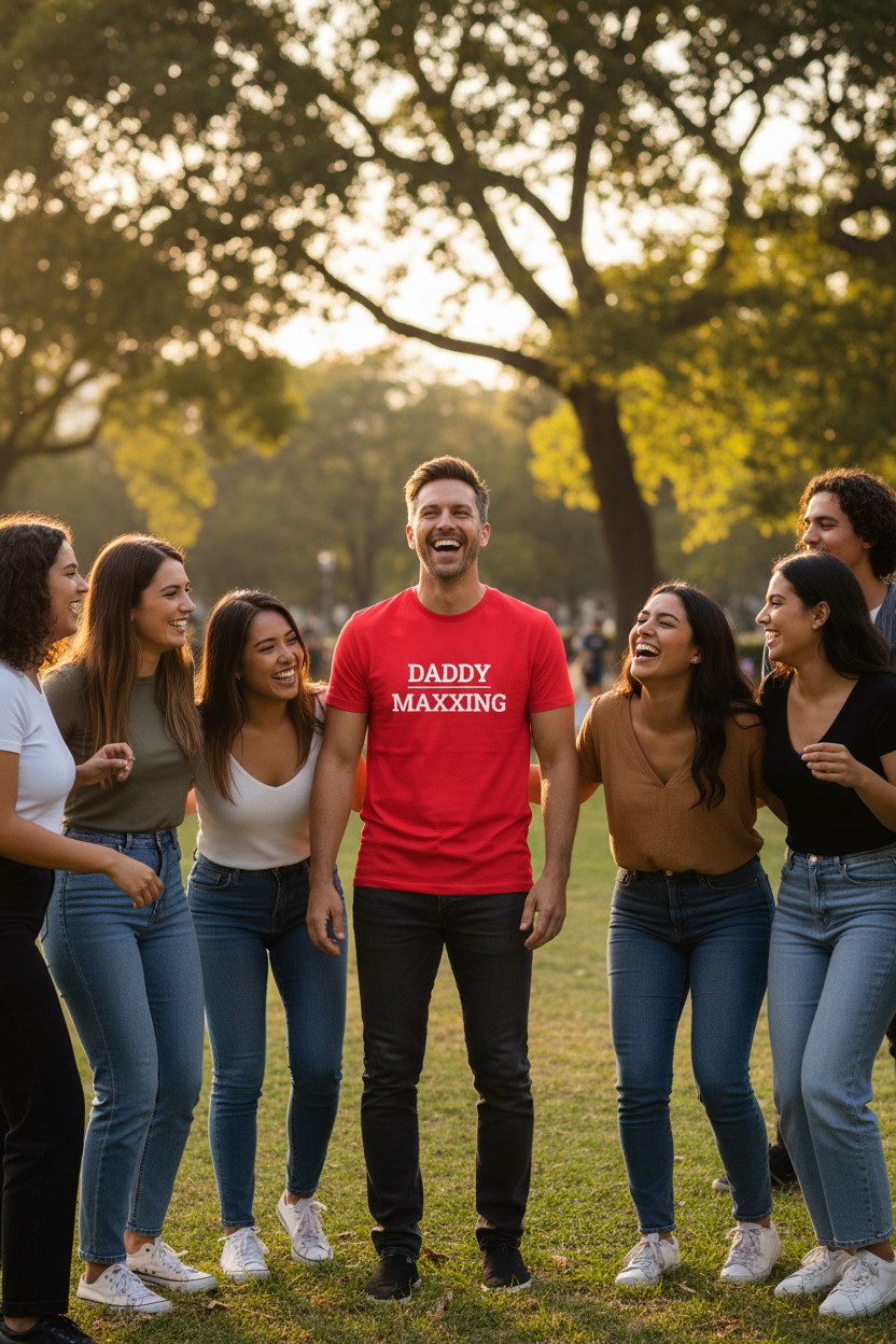 White man wearing red DADDY_MAXXING t-shirt at park surrounded by women