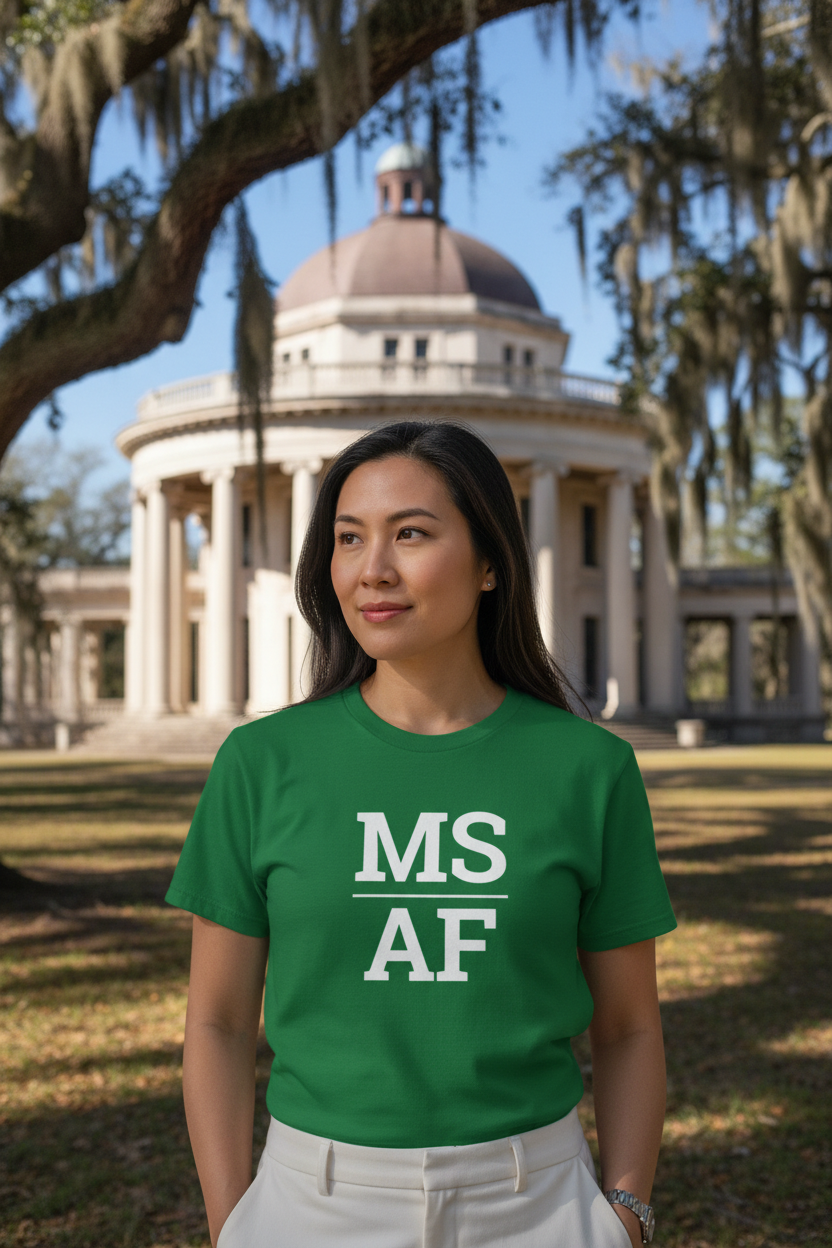 Person wearing green Mississippi t-shirt at Longwood mansion