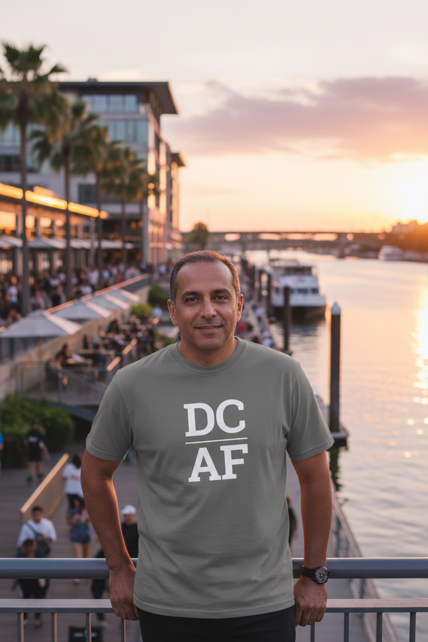 Person wearing grey DC t-shirt at The Wharf waterfront