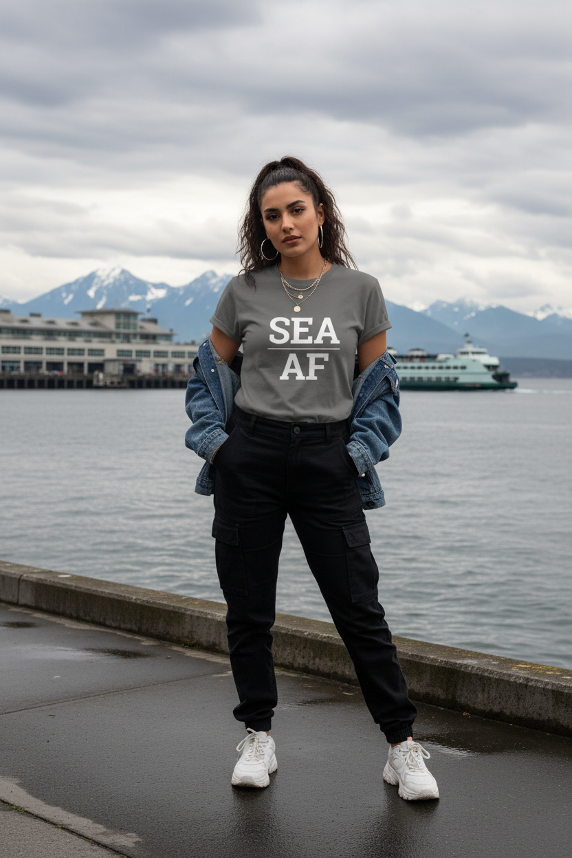Model wearing SEA_AF charcoal grey tee at Elliott Bay waterfront, Seattle, WA
