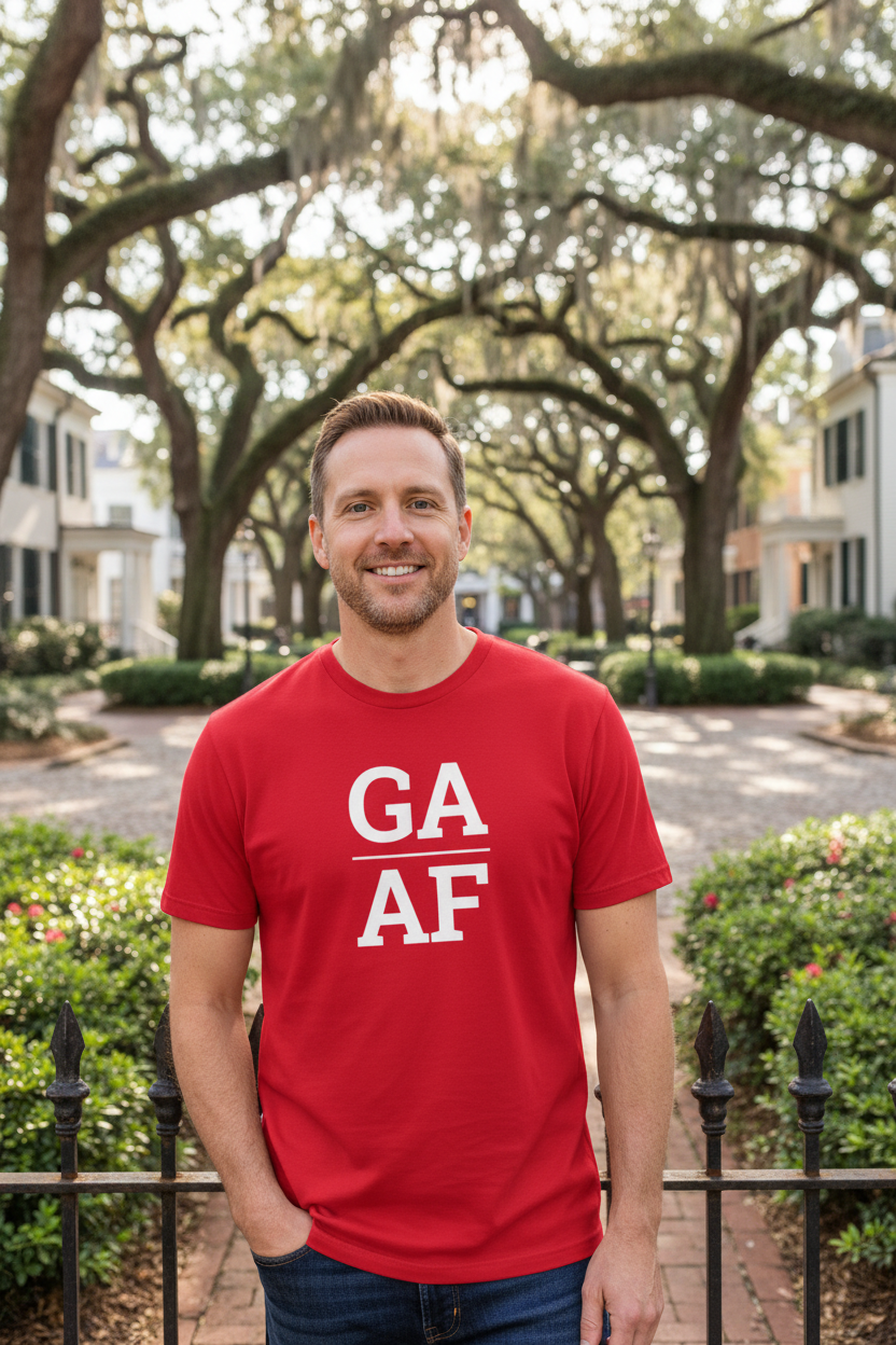 Person wearing red Georgia t-shirt in Savannah historic squares