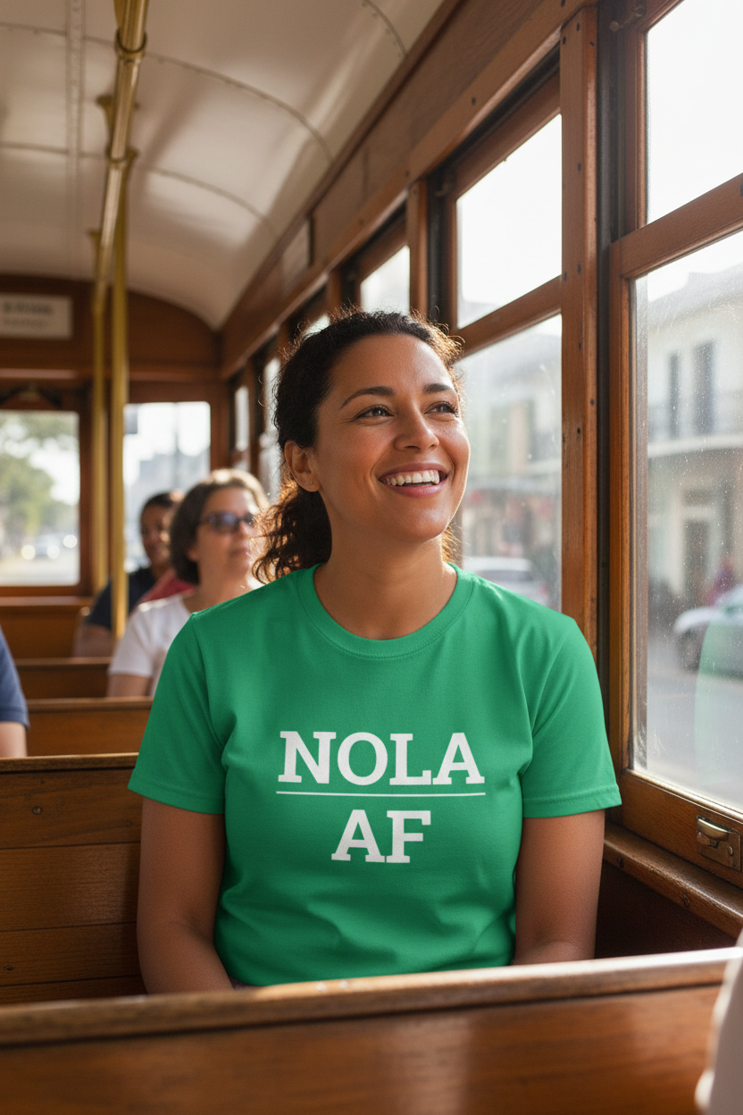 Mixed-race woman wearing green NOLA_AF t-shirt on St. Charles streetcar New Orleans