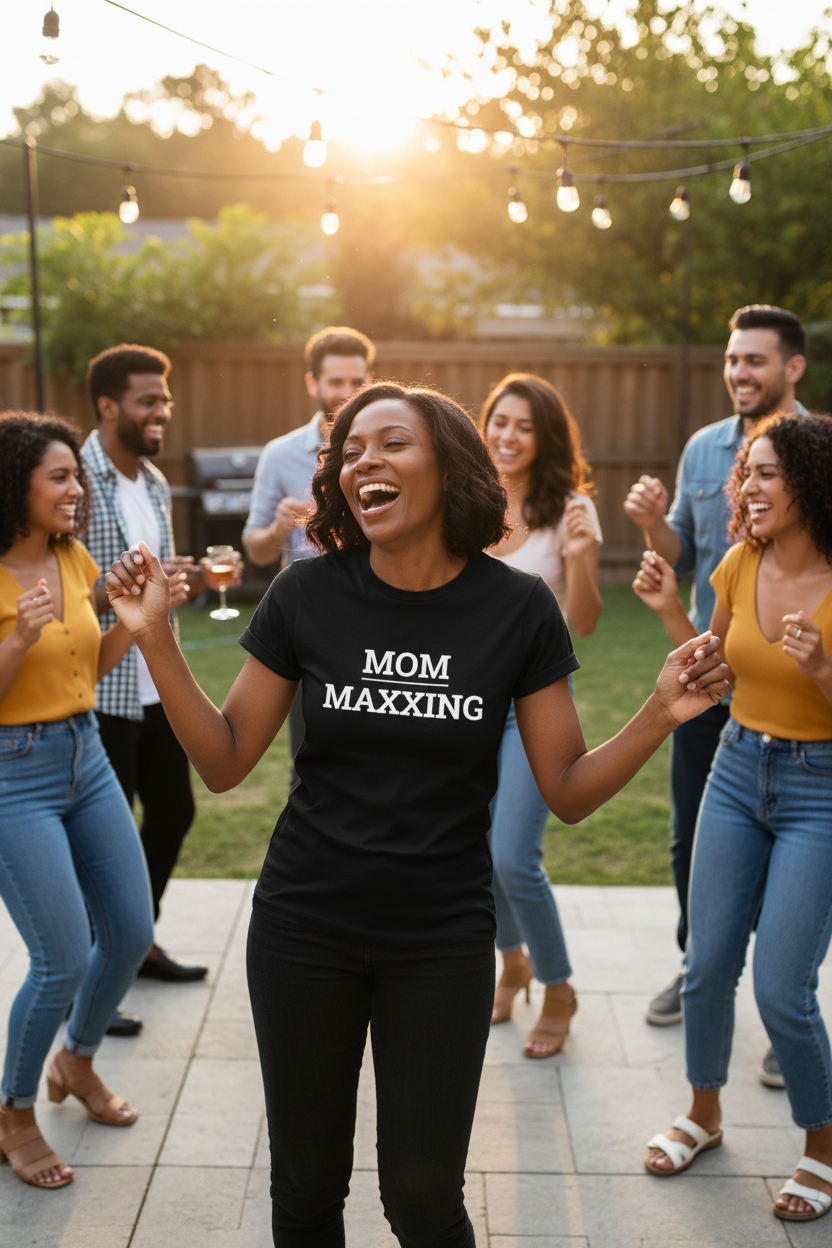 Black woman wearing black MOM_MAXXING t-shirt dancing at backyard party