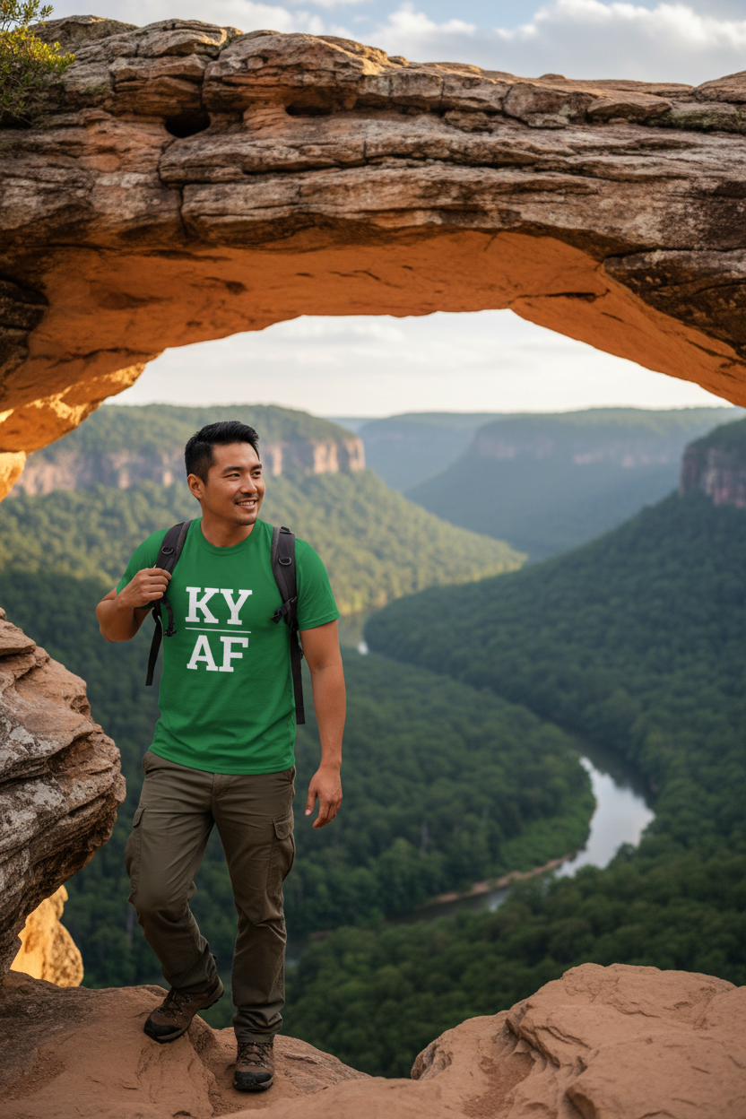 Person wearing green Kentucky t-shirt at Red River Gorge