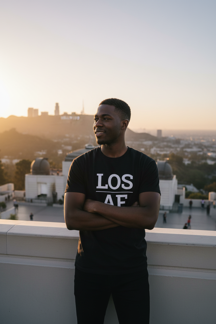 Black man wearing black LOS_AF t-shirt at Griffith Observatory Los Angeles