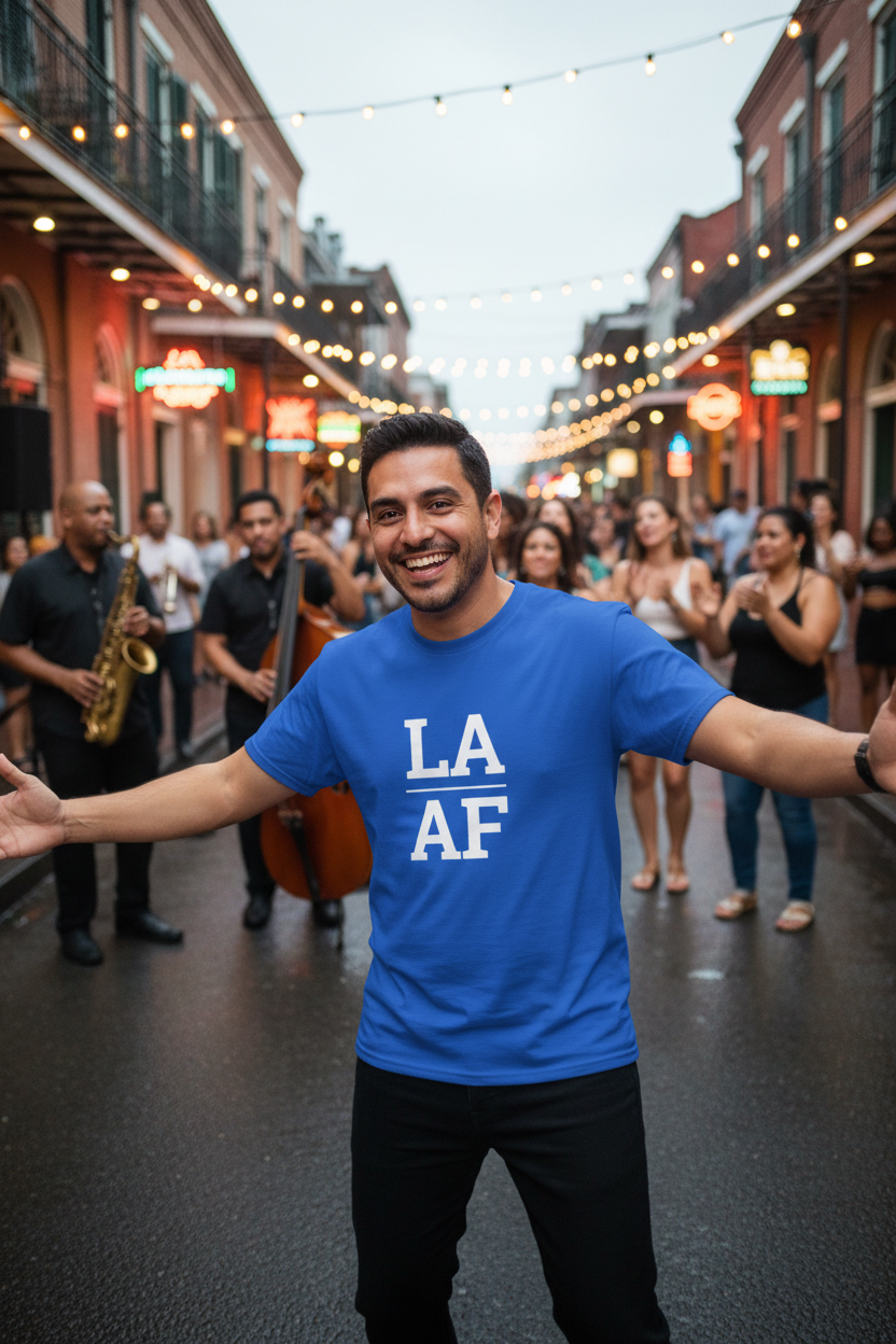 Person wearing blue Louisiana t-shirt on Frenchmen Street
