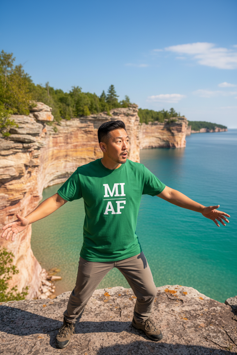 Person wearing green Michigan t-shirt at Pictured Rocks