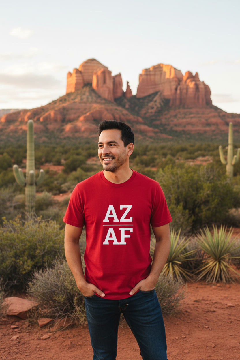 Person wearing red Arizona t-shirt at Sedona red rocks