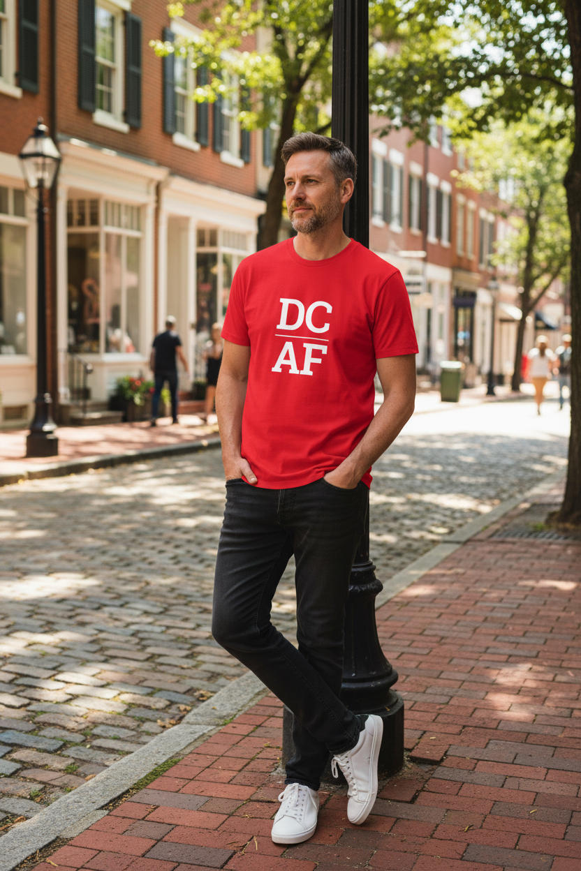 Person wearing red DC t-shirt in Georgetown