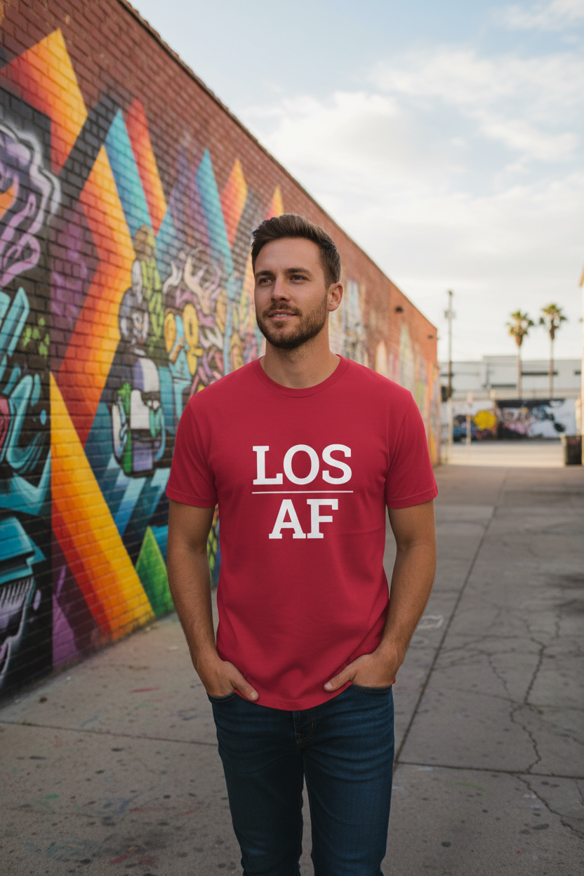 White man wearing cardinal LOS_AF t-shirt in Arts District Los Angeles