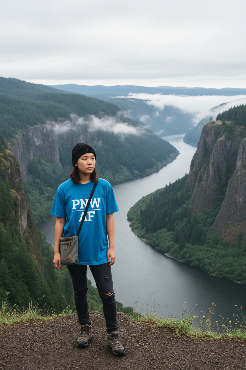 Model wearing PNW_AF sapphire blue tee at the Columbia River Gorge, Oregon