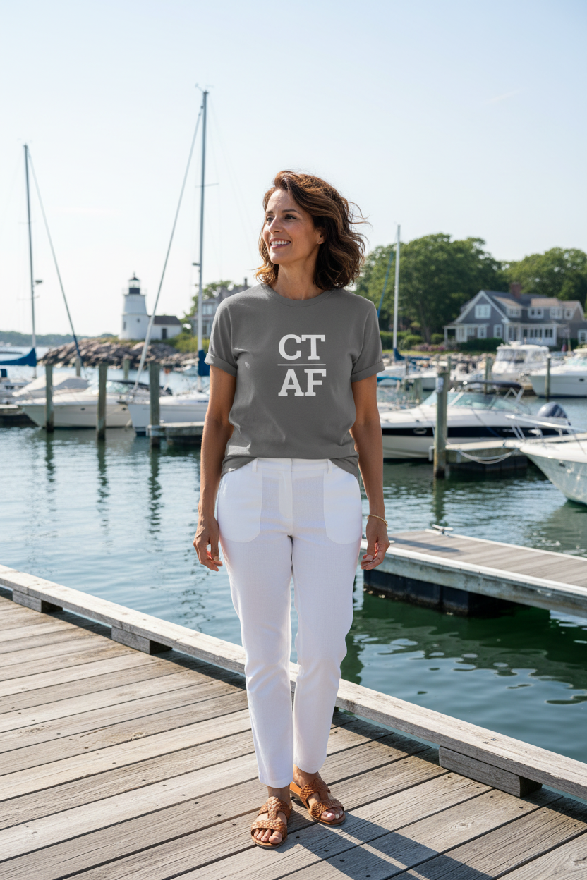 Person wearing grey Connecticut t-shirt at Greenwich waterfront