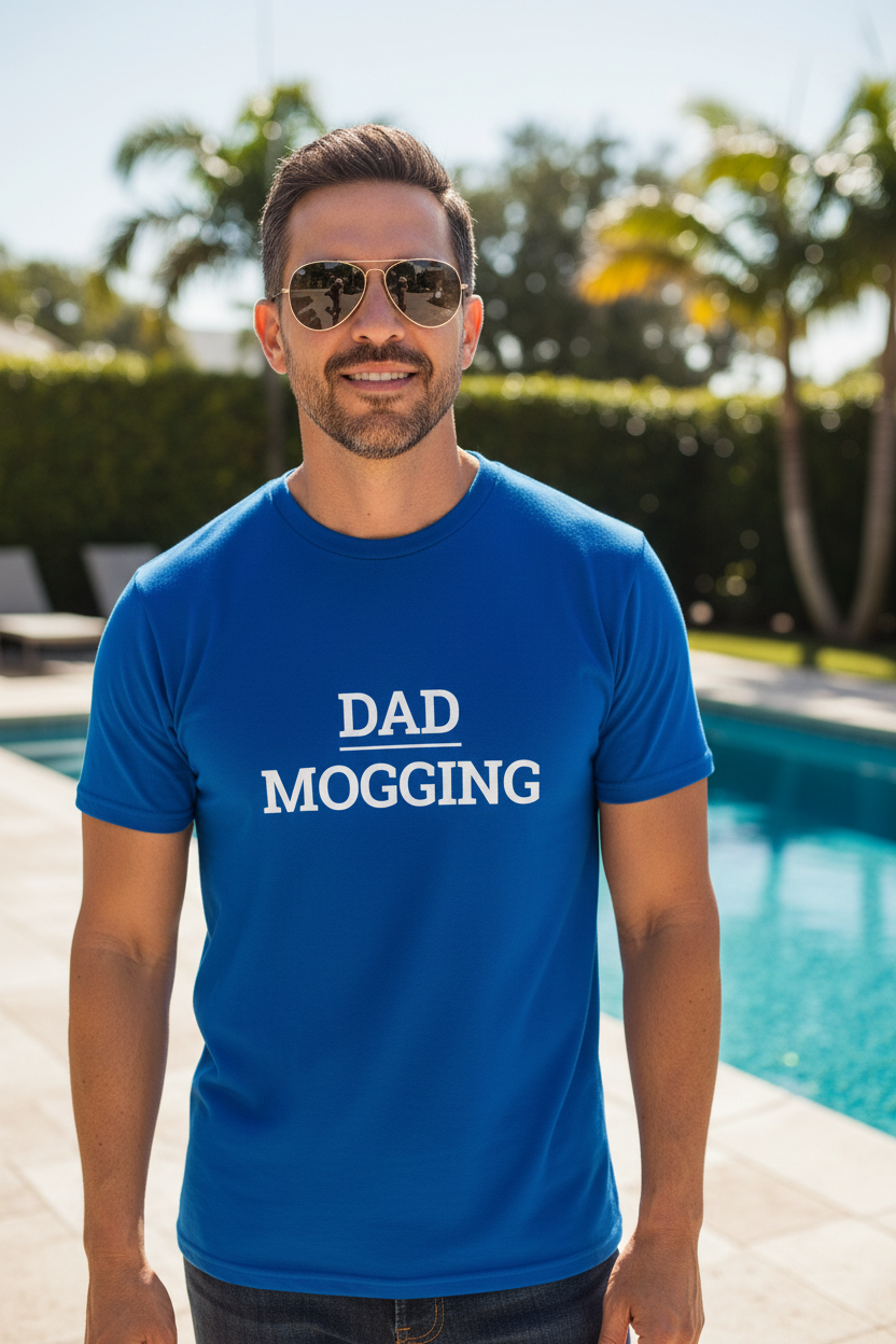 Attractive man wearing blue DAD_MOGGING t-shirt poolside with aviators