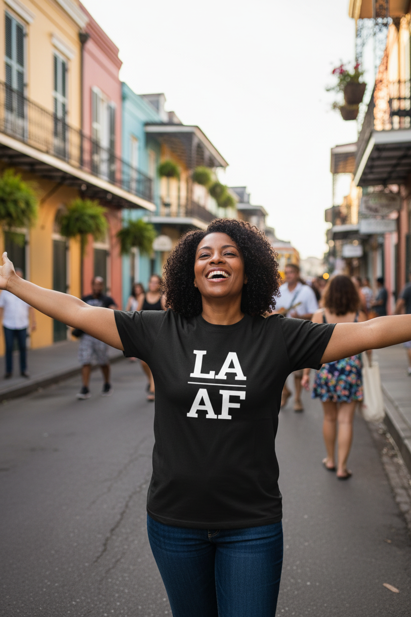 Person wearing black Louisiana t-shirt in the French Quarter New Orleans
