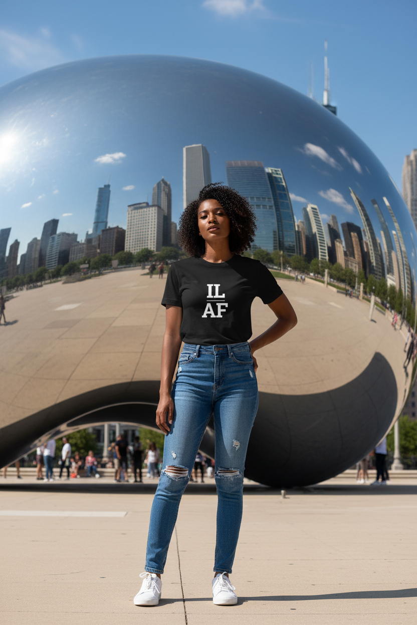 Person wearing black Illinois t-shirt at Millennium Park