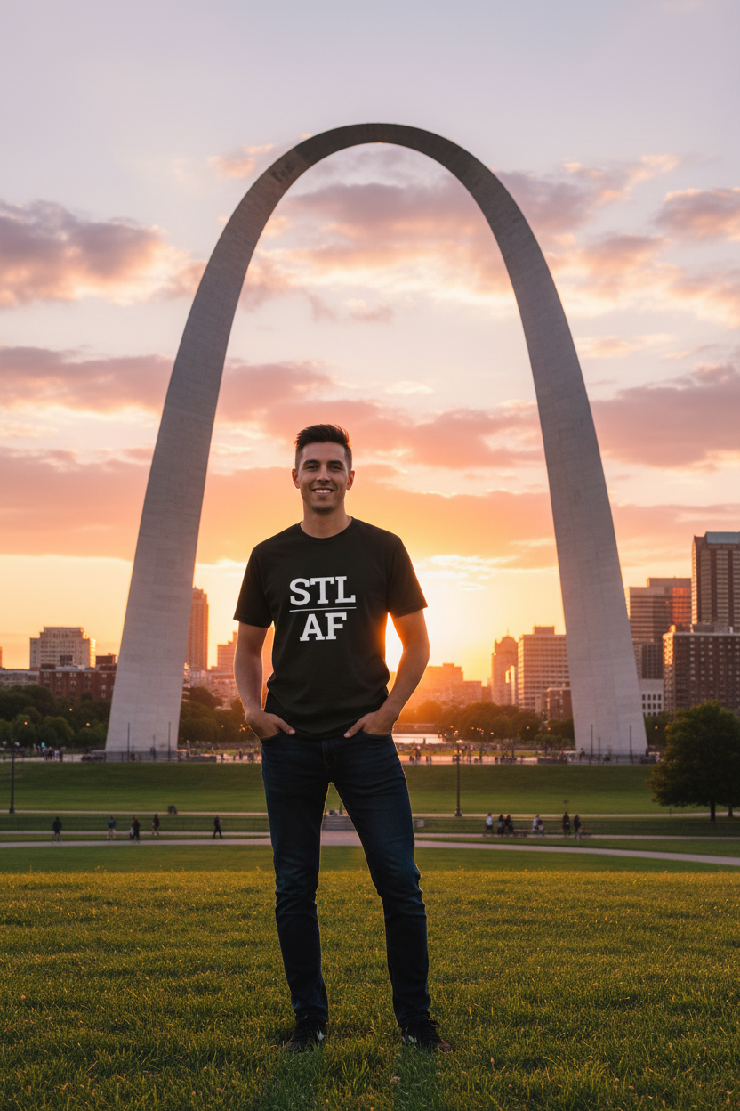 STL_AF black shirt at the Gateway Arch, St. Louis MO