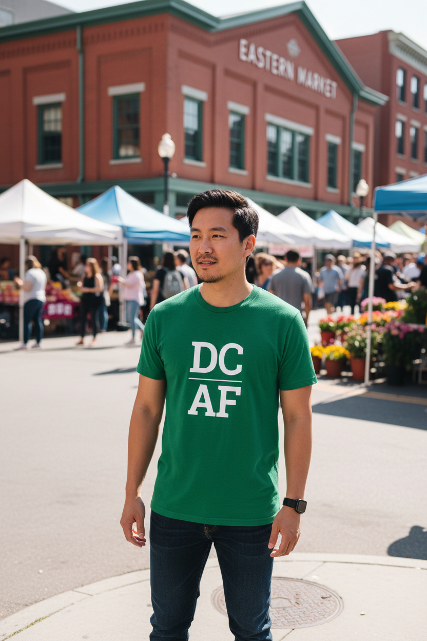 Person wearing green DC t-shirt at Eastern Market