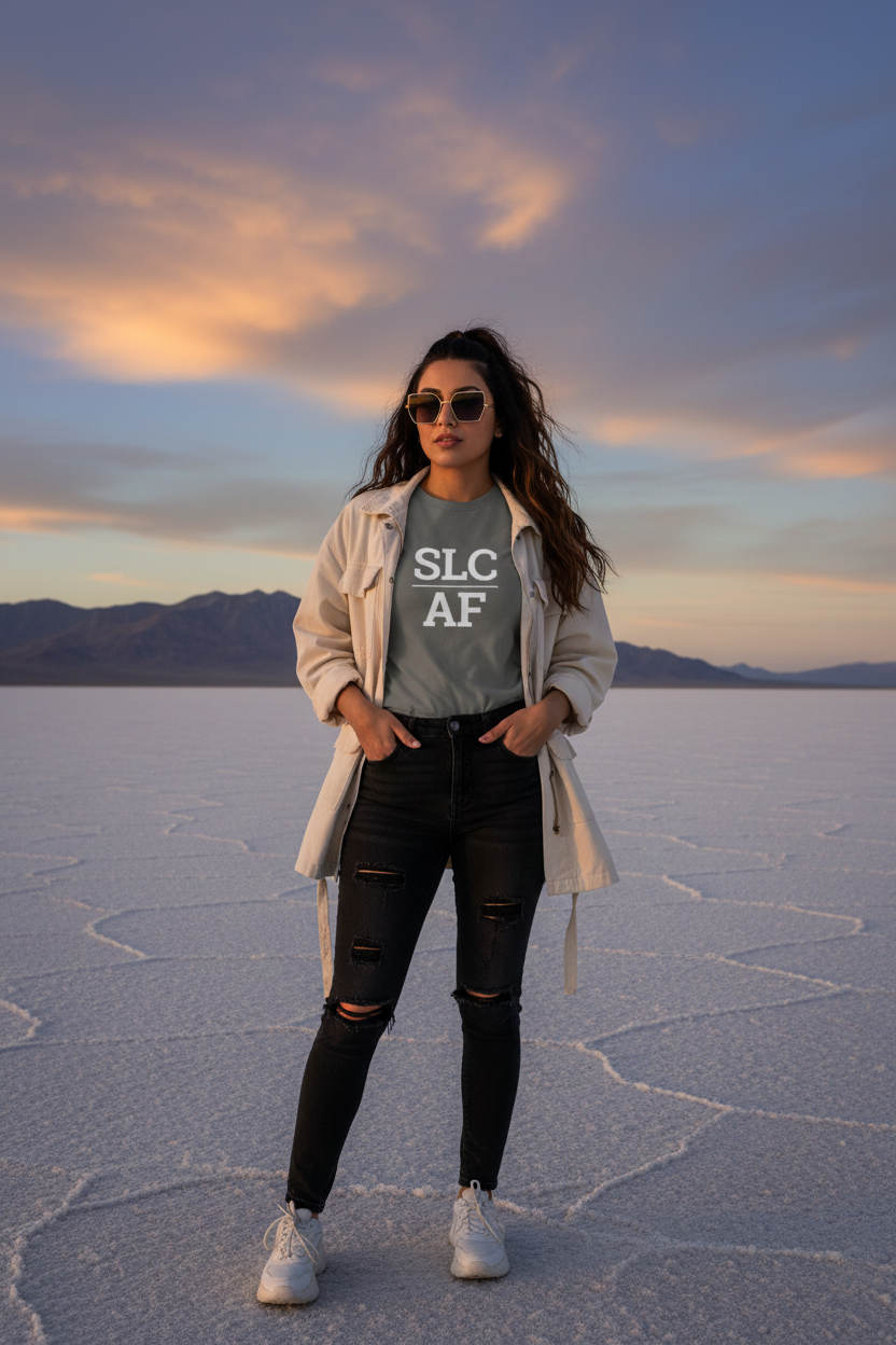 Model wearing SLC_AF charcoal grey tee at the Bonneville Salt Flats, Utah