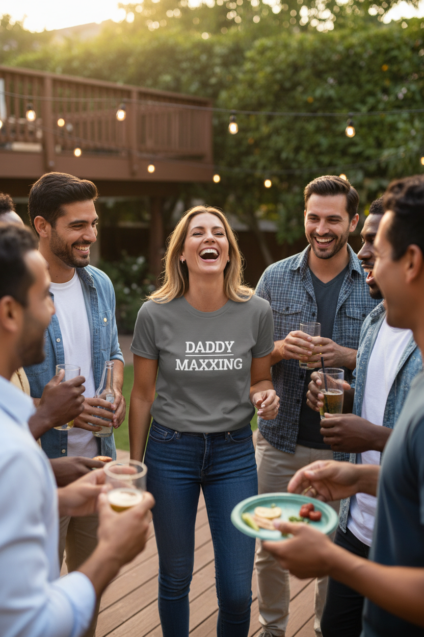 White woman wearing charcoal DADDY_MAXXING t-shirt at backyard party with men