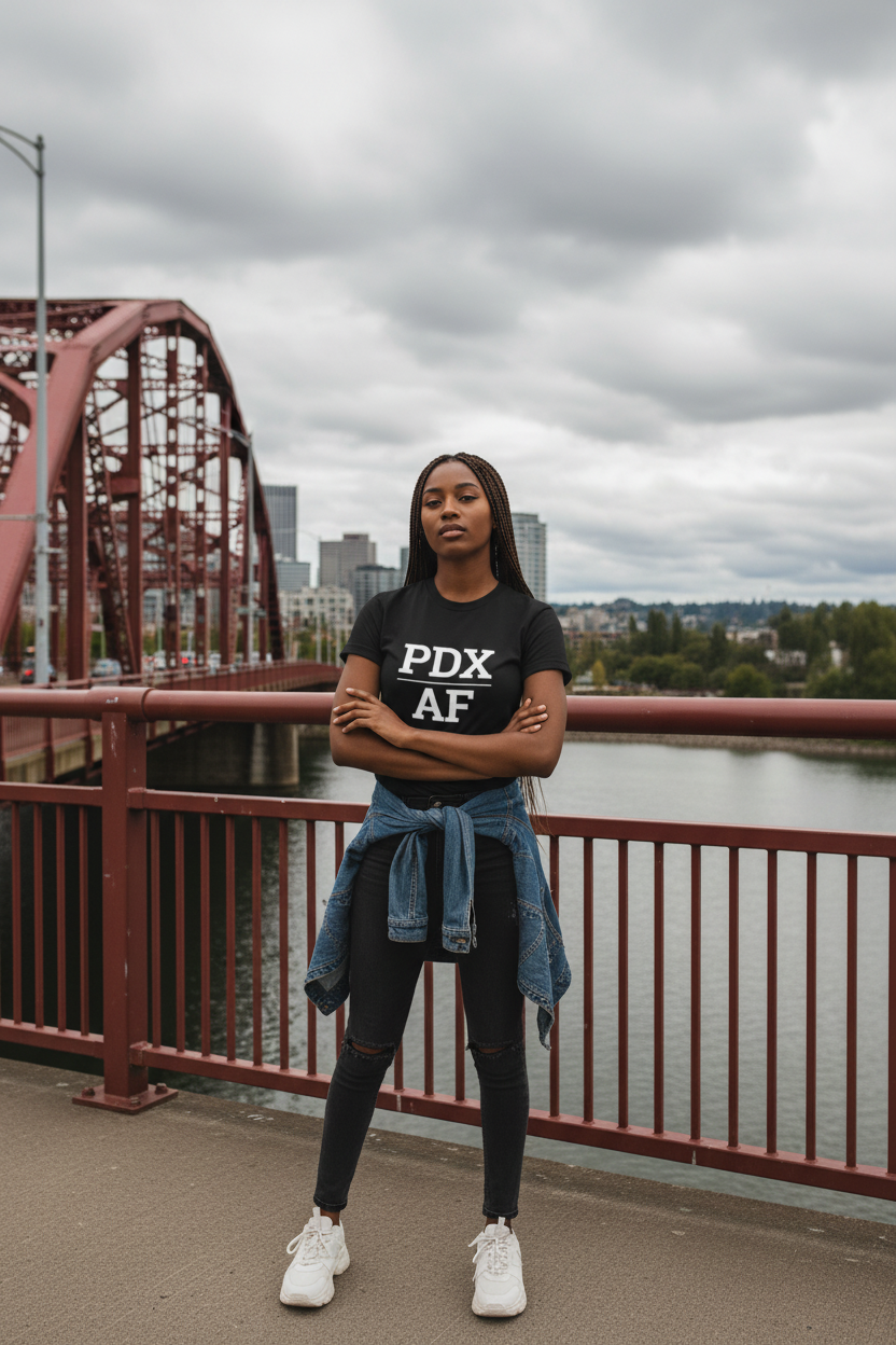 Model wearing PDX_AF black tee on the Hawthorne Bridge over the Willamette River, Portland, OR