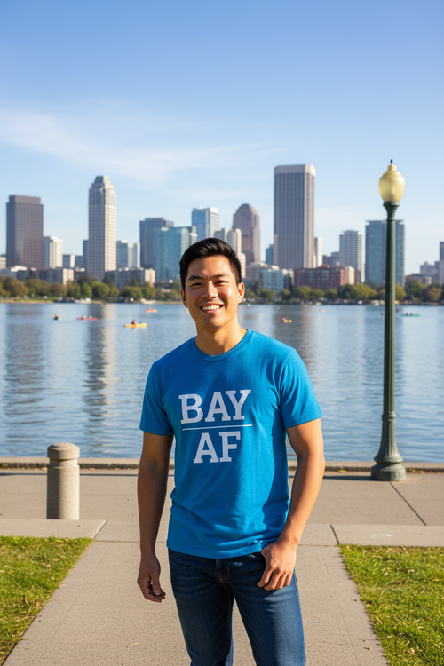 BAY_AF sapphire blue shirt at Lake Merritt, Oakland CA
