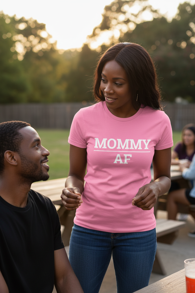 Black woman wearing pink MOMMY_AF t-shirt, man admiring her at outdoor gathering
