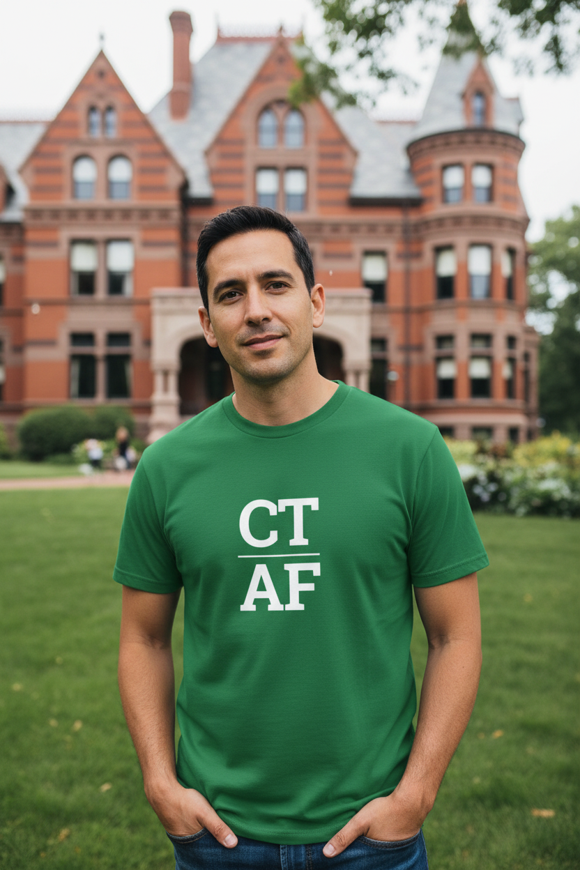 Person wearing green Connecticut t-shirt at the Mark Twain House