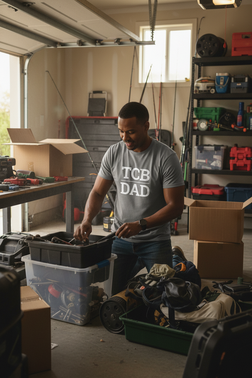 Mixed-race man wearing charcoal TCB_DAD t-shirt cleaning the garage