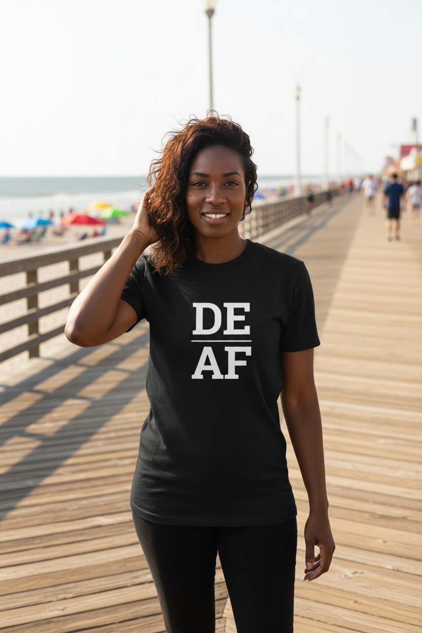 Person wearing black Delaware t-shirt at Rehoboth Beach boardwalk