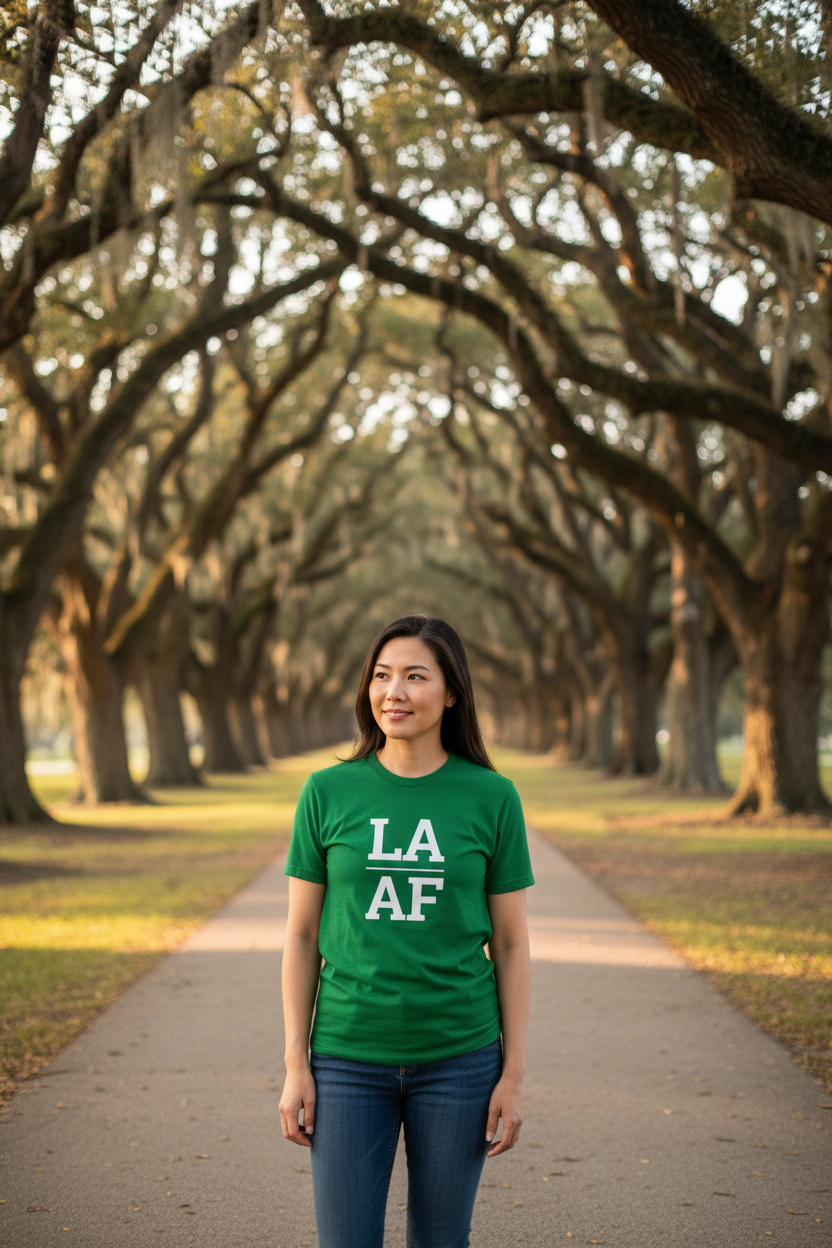 Person wearing green Louisiana t-shirt at Oak Alley Plantation