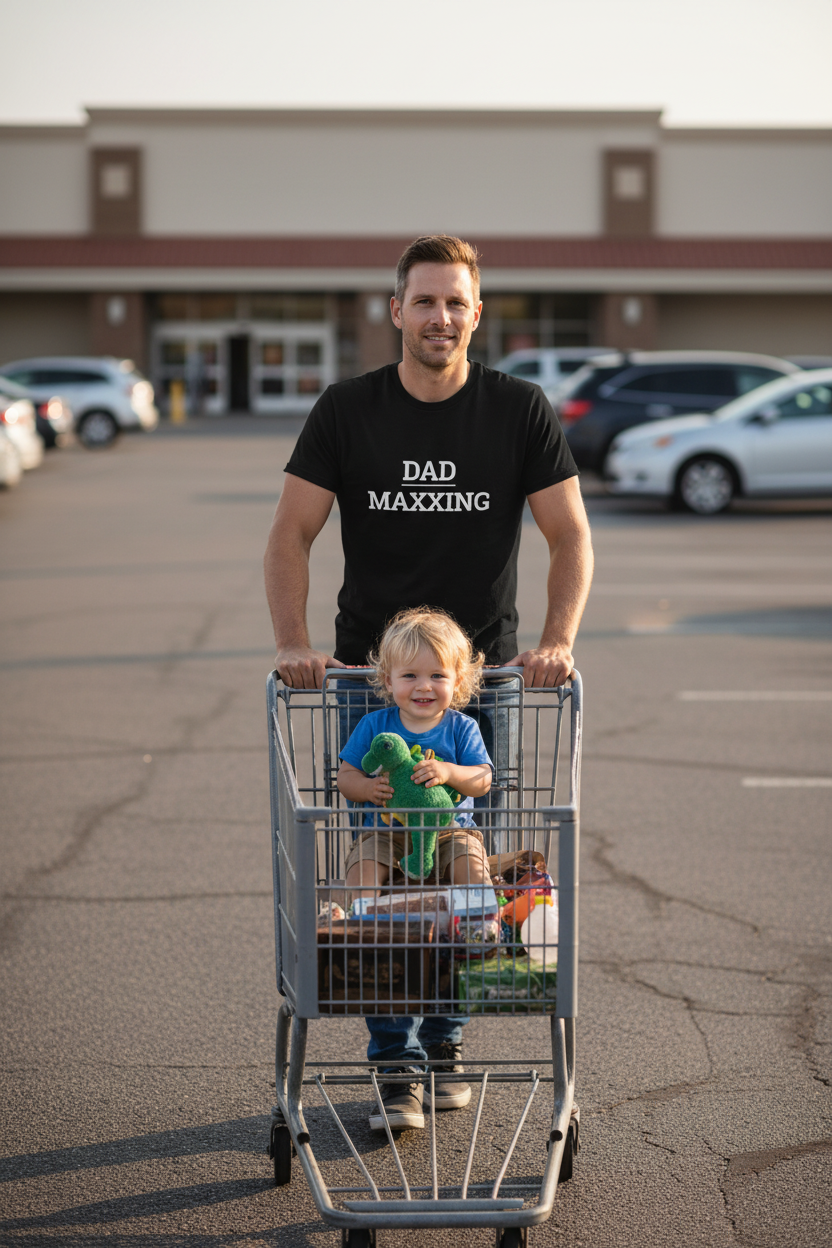 Man wearing black DAD_MAXXING t-shirt pushing grocery cart with toddler