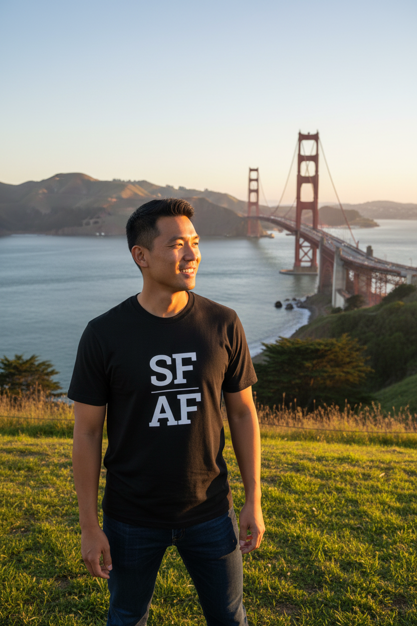 Asian man wearing black SF_AF t-shirt at Presidio overlook with Golden Gate Bridge in background