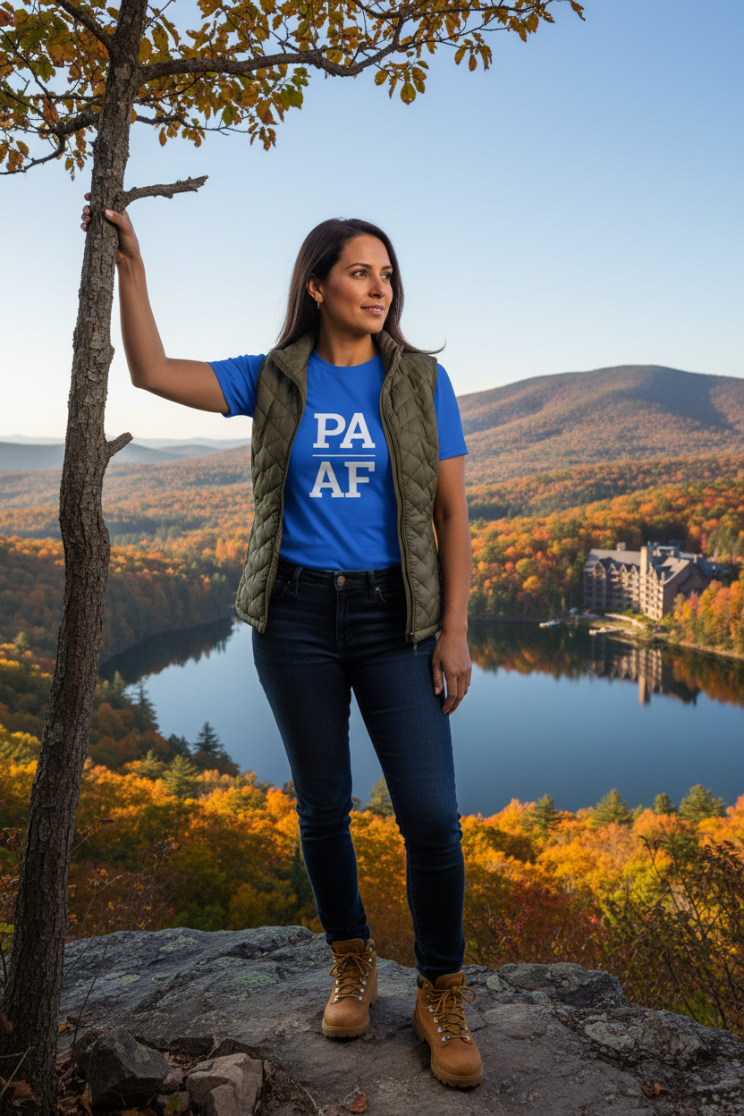 Person wearing blue Pennsylvania t-shirt in the Pocono Mountains